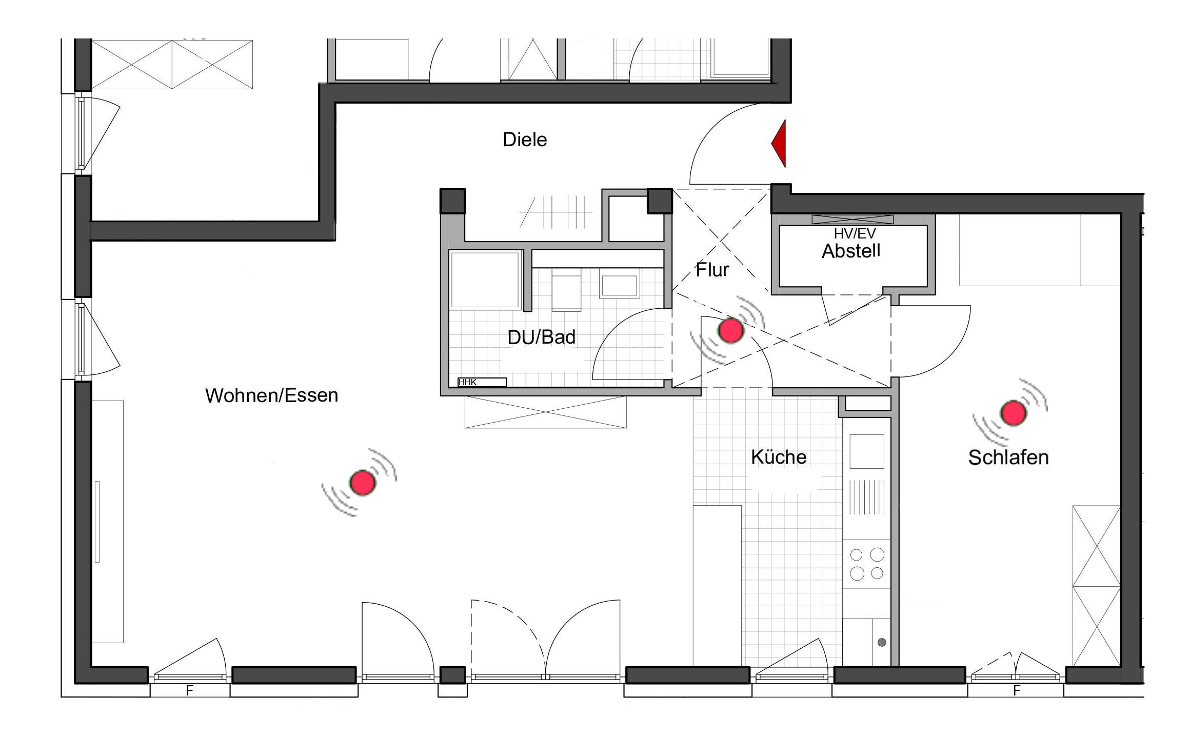 Grundriss einer 2-Zimmer-Wohnung mit der Position der neu eingebauten Rauchmelder